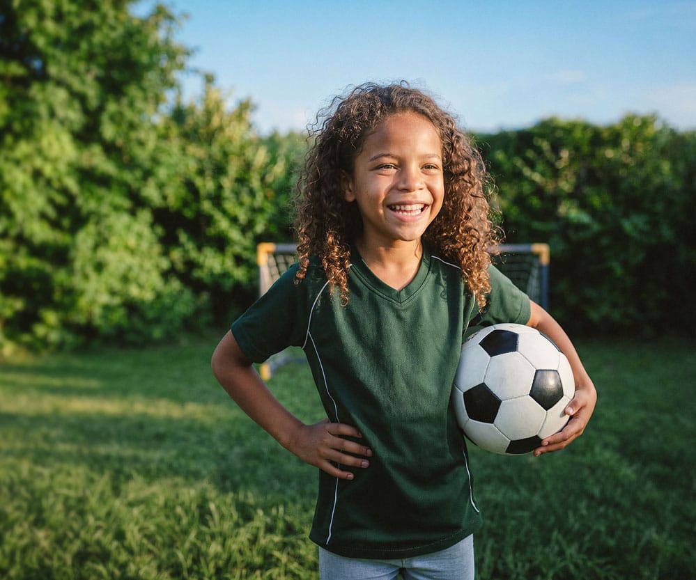 Ein lachendes Mädchen im grünen Trikot hält einen Fußball unter dem Arm. Im Hintergrund steht ein Tor.